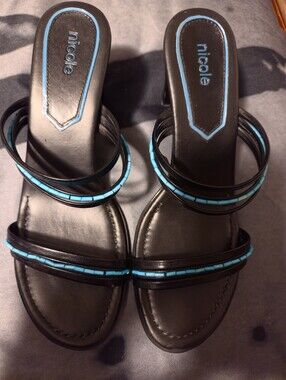 NICOLE Black Sandal with Turquoise Trim - Women's Slip-On 3" Heel